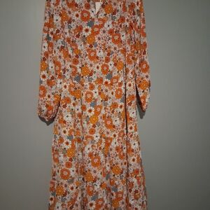DOKOTOO- Floral Orange Midi Dress with Tiered Skirt